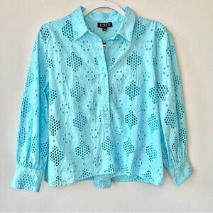 NWT J. Crew Blue Long Sleeve Popover Eyelet Top